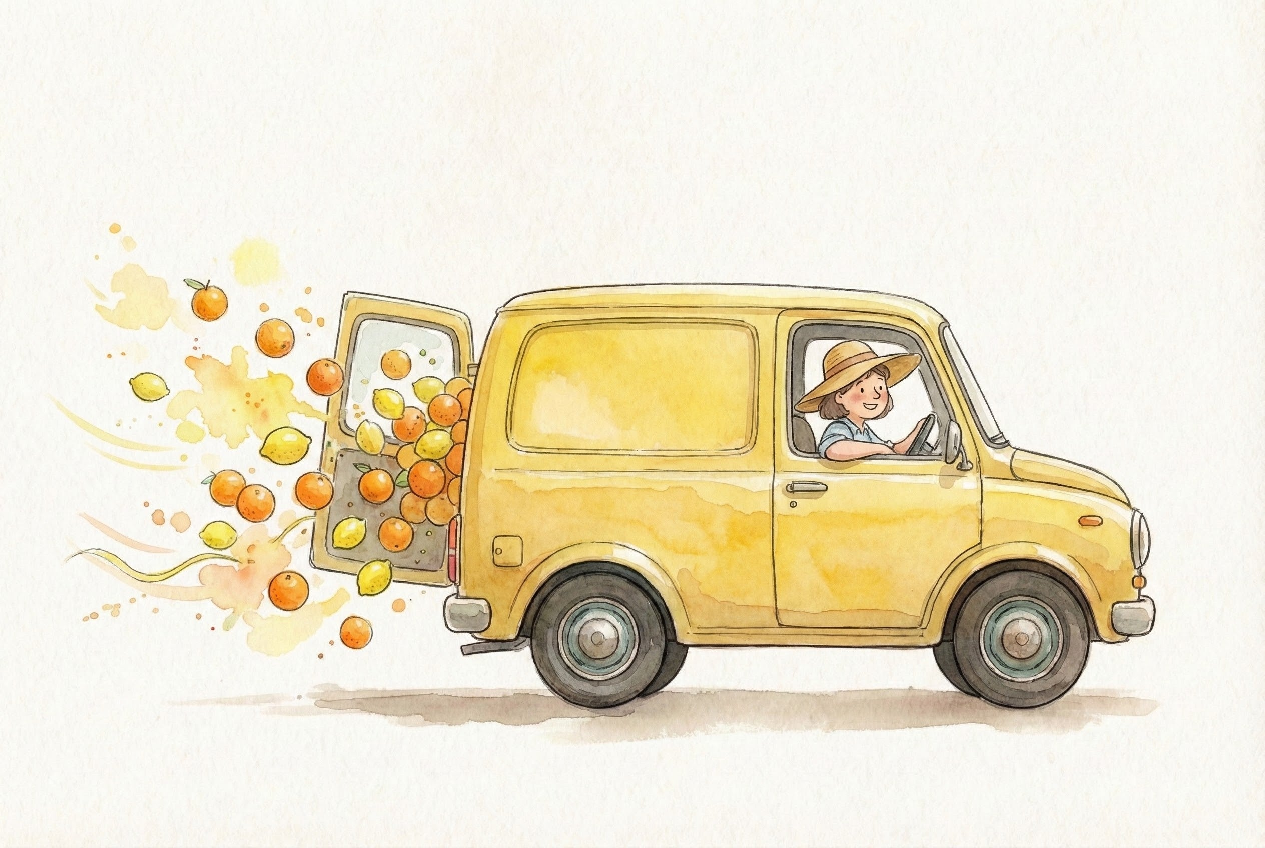 A cheerful woman drives a small yellow delivery van with the back door open, spilling out bright oranges and lemons as the vehicle moves. The whimsical watercolor scene captures a lighthearted, citrus-filled moment on the go.