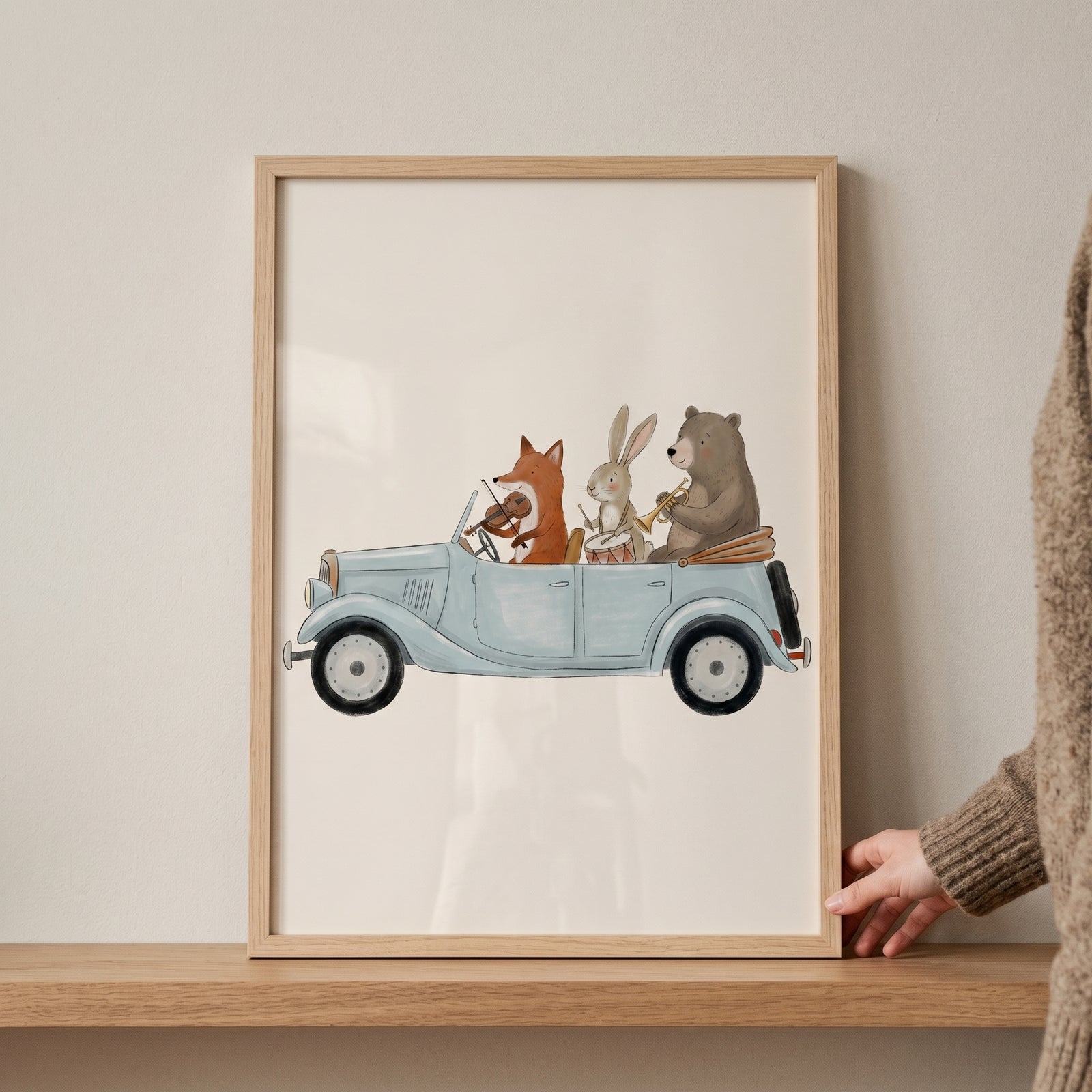 A fox, rabbit, and bear play violin, drums, and trumpet in a blue car on this car musical band animals wall art.