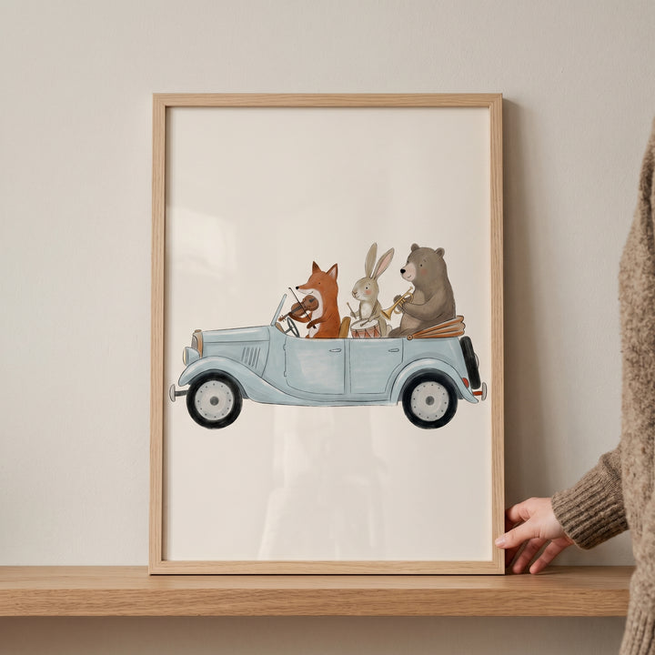 A fox, rabbit, and bear play violin, drums, and trumpet in a blue car on this car musical band animals wall art.