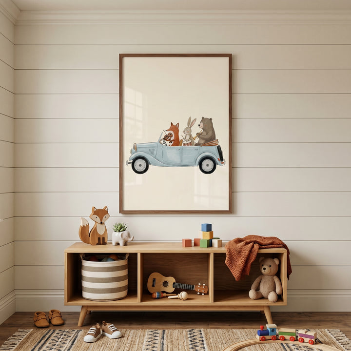 Car musical band animals wall art above a wooden shelf with toys and a teddy bear in a neutral nursery with shiplap walls.