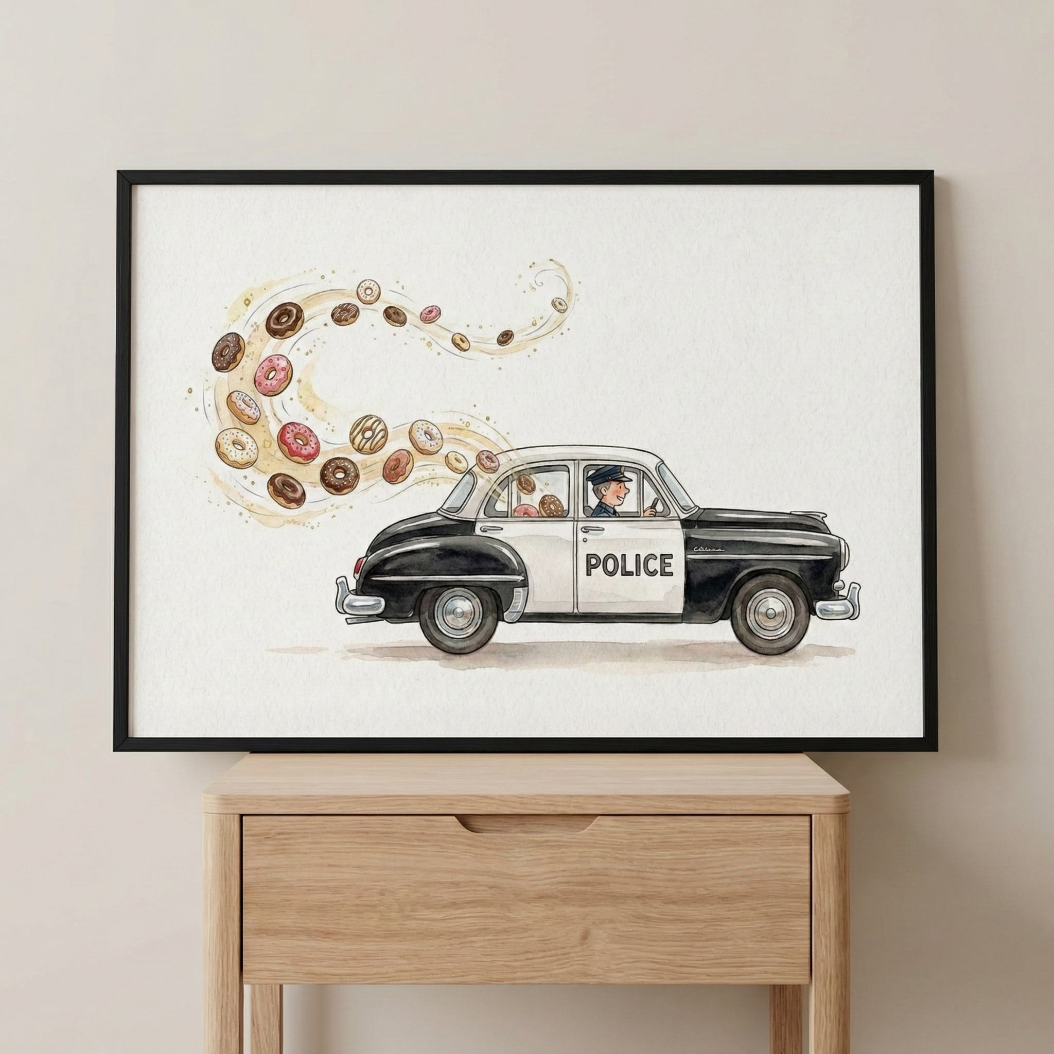 Framed watercolor painting of a vintage black and white police car driven by a smiling officer, trailing a swirling stream of donuts in various flavors. The playful design mixes classic law enforcement style with humor and charm.