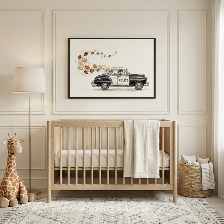 Quirky police car and donut-themed artwork displayed above a crib in a neutral nursery. The illustration shows donuts flying out behind a retro police cruiser, adding a lighthearted and imaginative touch to the room.
