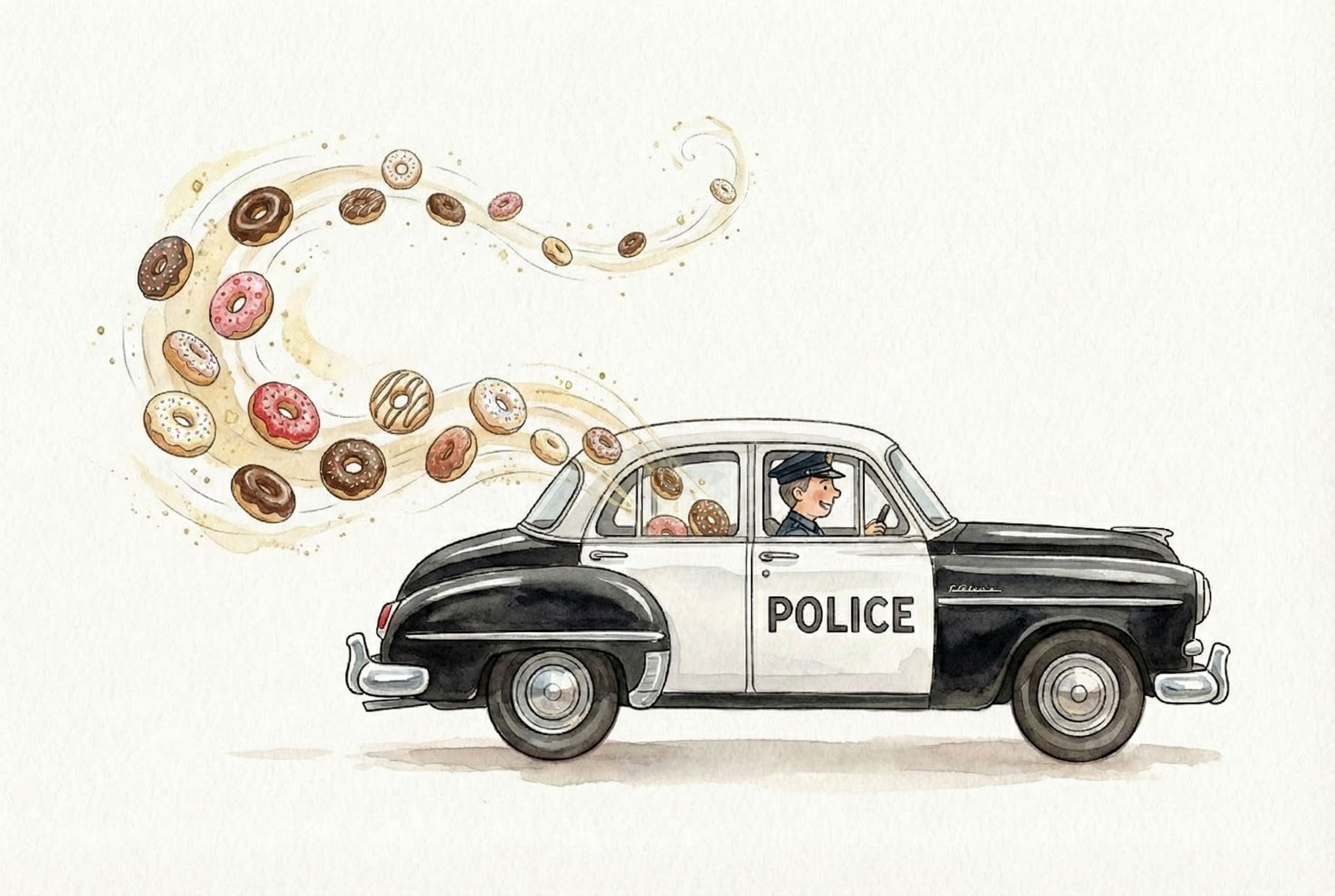 A smiling police officer drives a vintage black and white patrol car labeled "POLICE," while a whimsical swirl of colorful donuts flies out from the back seat. The lighthearted watercolor illustration adds humor and charm to the classic police car scene.