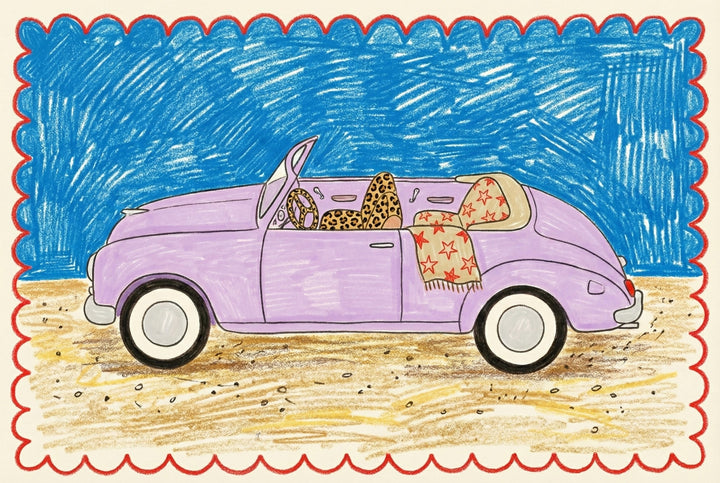 Illustration of a lavender convertible car parked on a sandy beach under a vivid blue sky, with leopard-print seat covers and a tan scarf with red stars draped across the backseat. The artwork is framed by a red scalloped border and features a playful, crayon-drawn style.