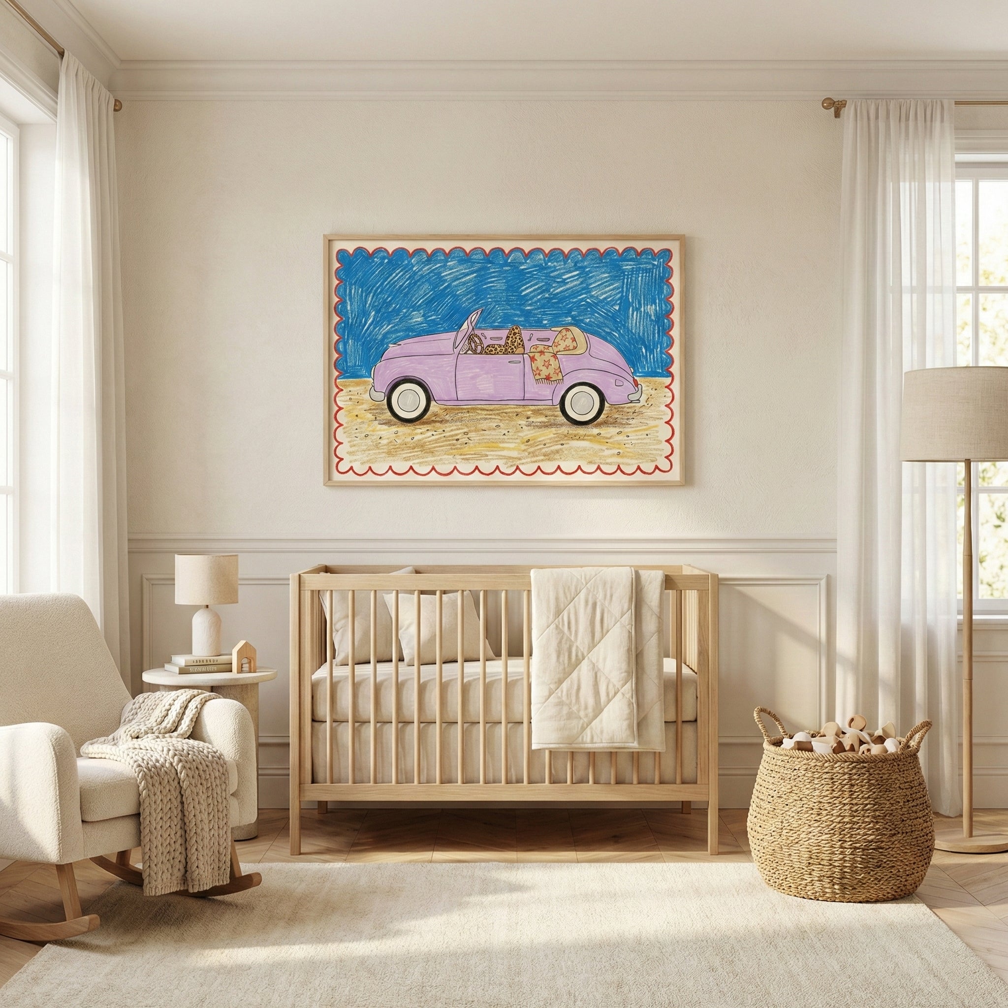 A framed illustration of a lavender convertible car hangs above a wooden crib in a softly lit nursery. The room features light neutral tones, cozy textiles, and minimalistic decor, creating a warm and inviting space.