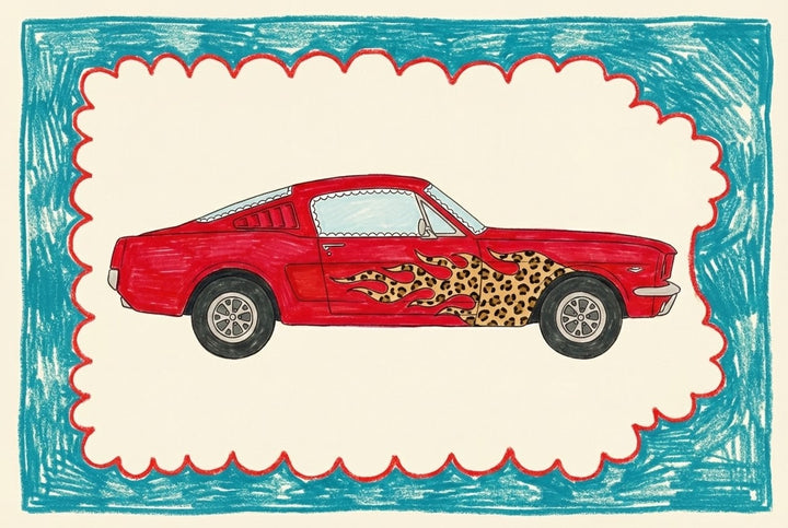 Childlike drawing of a red muscle car with leopard-print and flame graphics on the side, centered on a cream background with a scalloped red outline and a scribbled teal border. The playful illustration style gives it a fun, retro vibe perfect for decor or kids’ art.