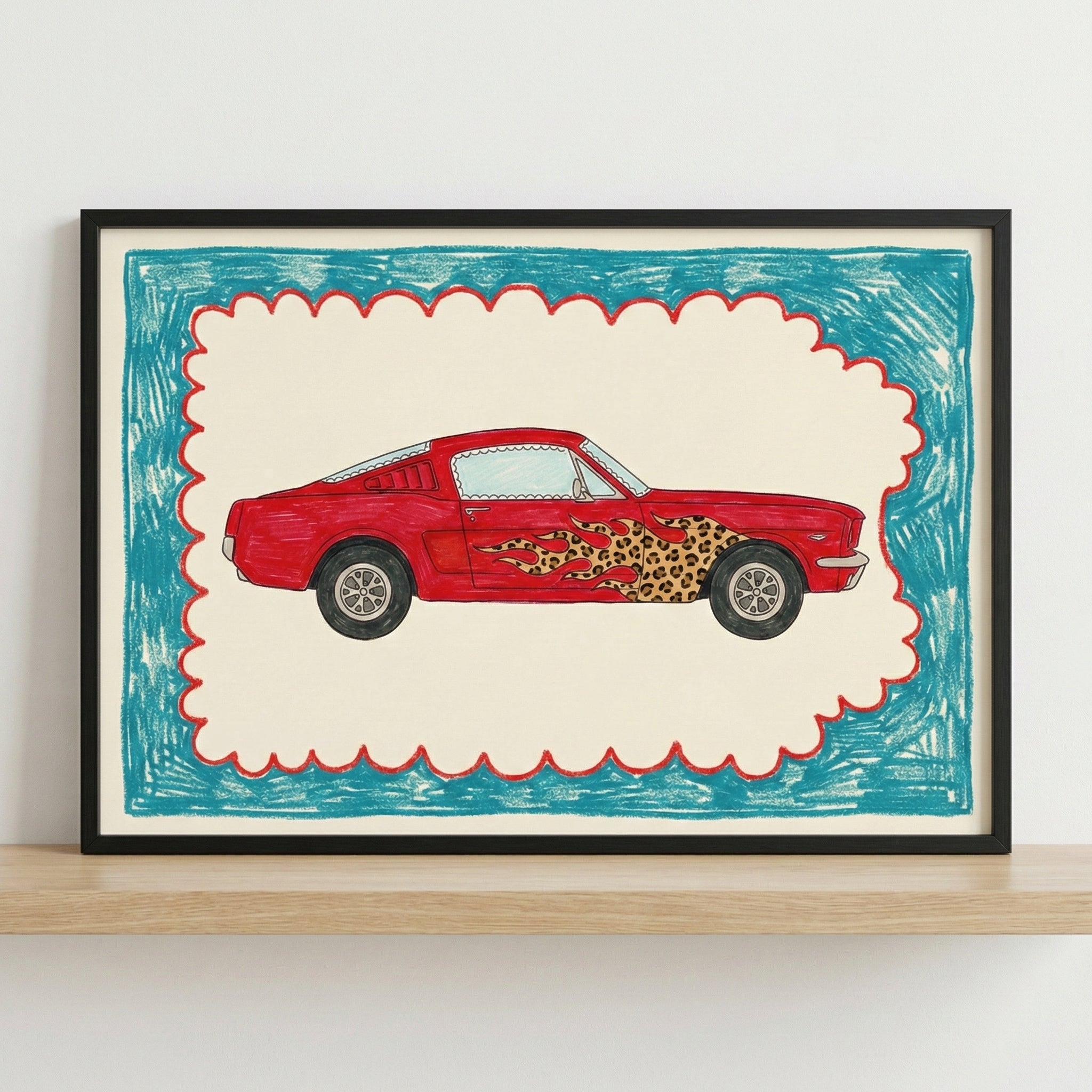 Framed drawing of a red muscle car with leopard-print and flame decals on the side, set against a cream background with a hand-drawn teal and red scalloped border.