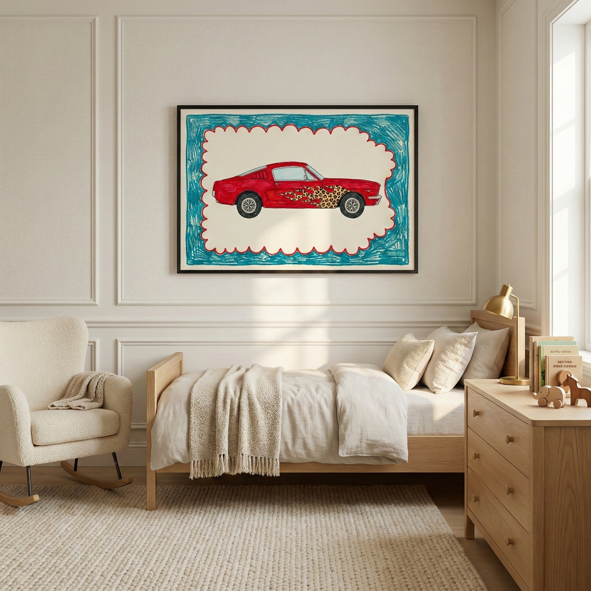 Modern bedroom with a framed red muscle car drawing above the bed, featuring flame and leopard-print details, adding a bold and playful touch to the otherwise neutral decor.