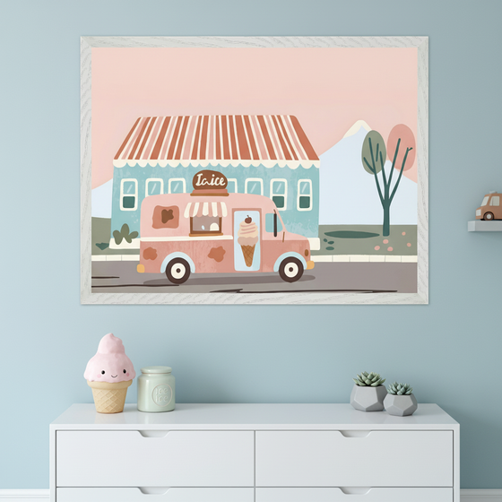 Kid's bedroom with a white dresser against a light blue wall. A large framed cartoon illustration of a pink ice cream truck is centered above the dresser. Decor includes an ice cream cone lamp, a jar, and potted succulents.