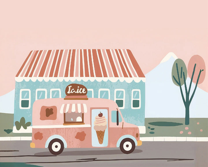 A pastel-colored illustration features a pink ice cream truck parked in front of a blue building with a red-striped roof. The truck has a large ice cream cone graphic and a sign reading "Ice" on top. In the background, there's a mountain and a couple of stylized trees, creating a whimsical and serene scene.