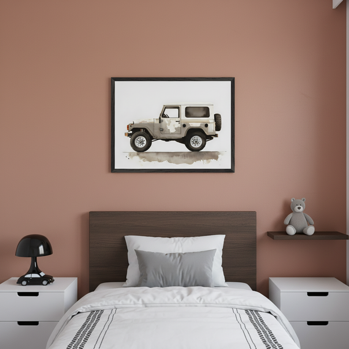 Modern kid's bedroom with a dark wood bed and white nightstands. A framed watercolor print of a light-colored off-road vehicle with subtle camouflage hangs centered above the bed. A black lamp and toy car are on one nightstand, and a teddy bear sits on a floating shelf.