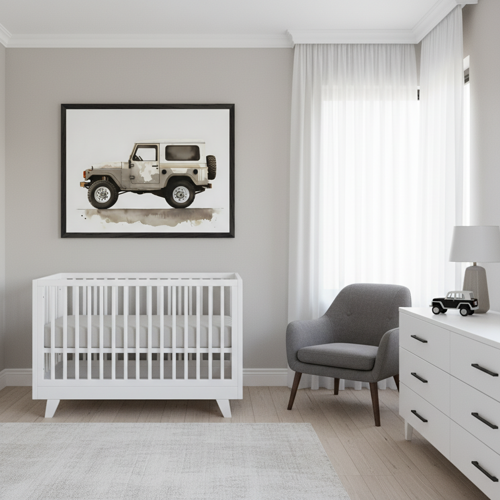 Modern nursery with a white crib, gray armchair, and white dresser. A large framed print of a beige Jeep Wrangler in a watercolor sketch style hangs centered above the crib.
