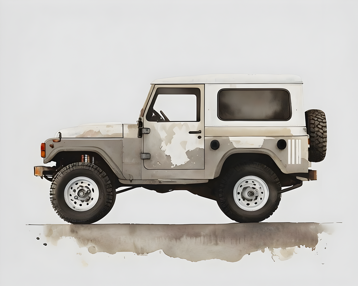 A weathered, beige off-road vehicle with a hardtop and rugged tires is depicted in a side profile view, showcasing its sturdy build and adventurous character against a plain background.