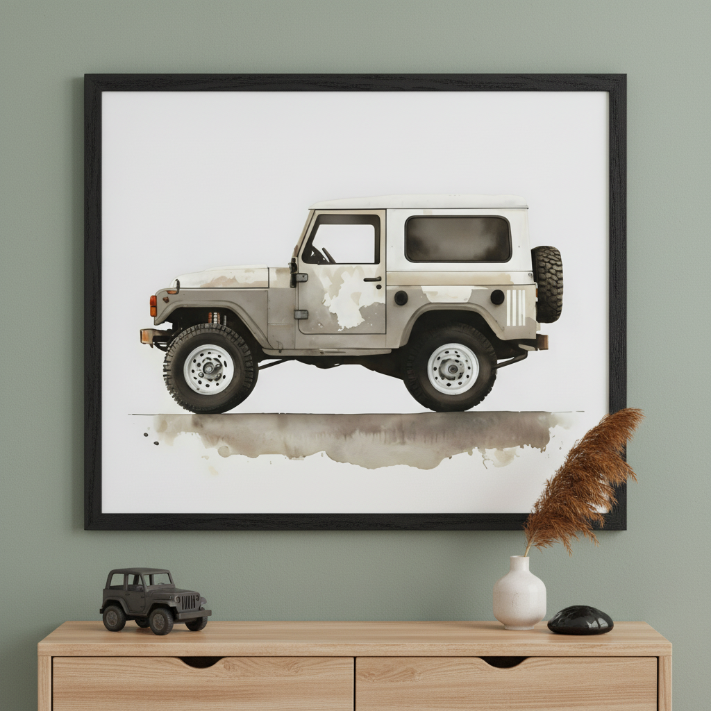 Modern room with a sage green wall and a light wooden dresser. Above it hangs a large black-framed watercolor print of a vintage white and grey jeep, seen from the side. A toy jeep, white vase with a dried plant, and a black stone are on the dresser.