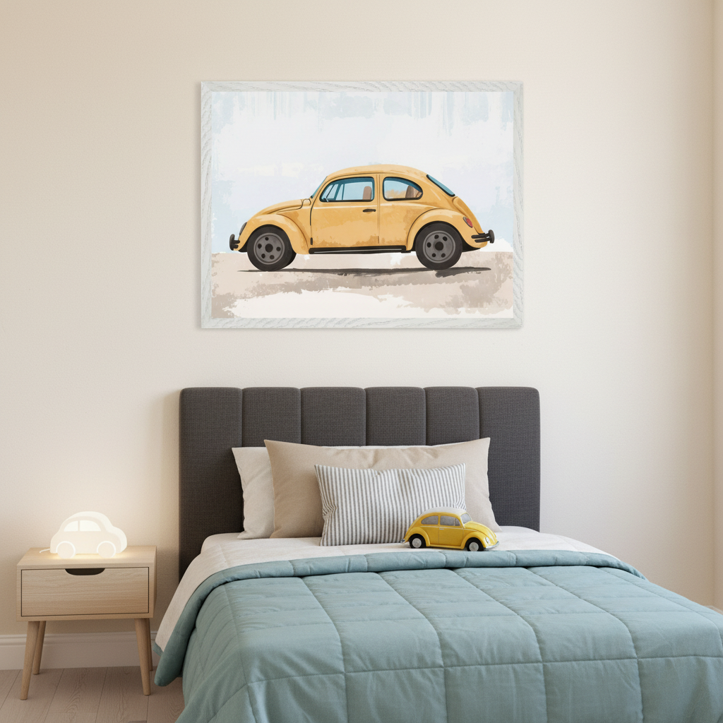 Kid's bedroom features a gray upholstered bed and light wood nightstand. A large framed watercolor of a yellow Volkswagen Beetle is centered above the bed. A yellow toy car and a car-shaped lamp are on display.