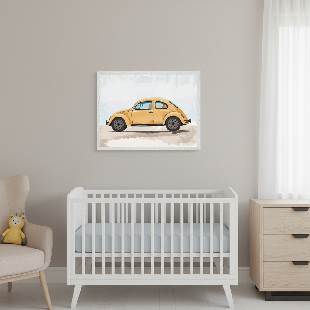 Modern nursery with a white crib, beige armchair, and wood dresser. A framed watercolor-style print of a yellow Volkswagen Beetle car hangs on the wall above the crib and armchair.