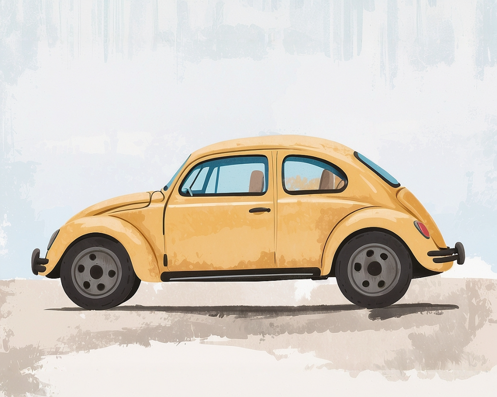 A vintage yellow car with a classic beetle shape is parked on a textured surface, set against a light, abstract background.