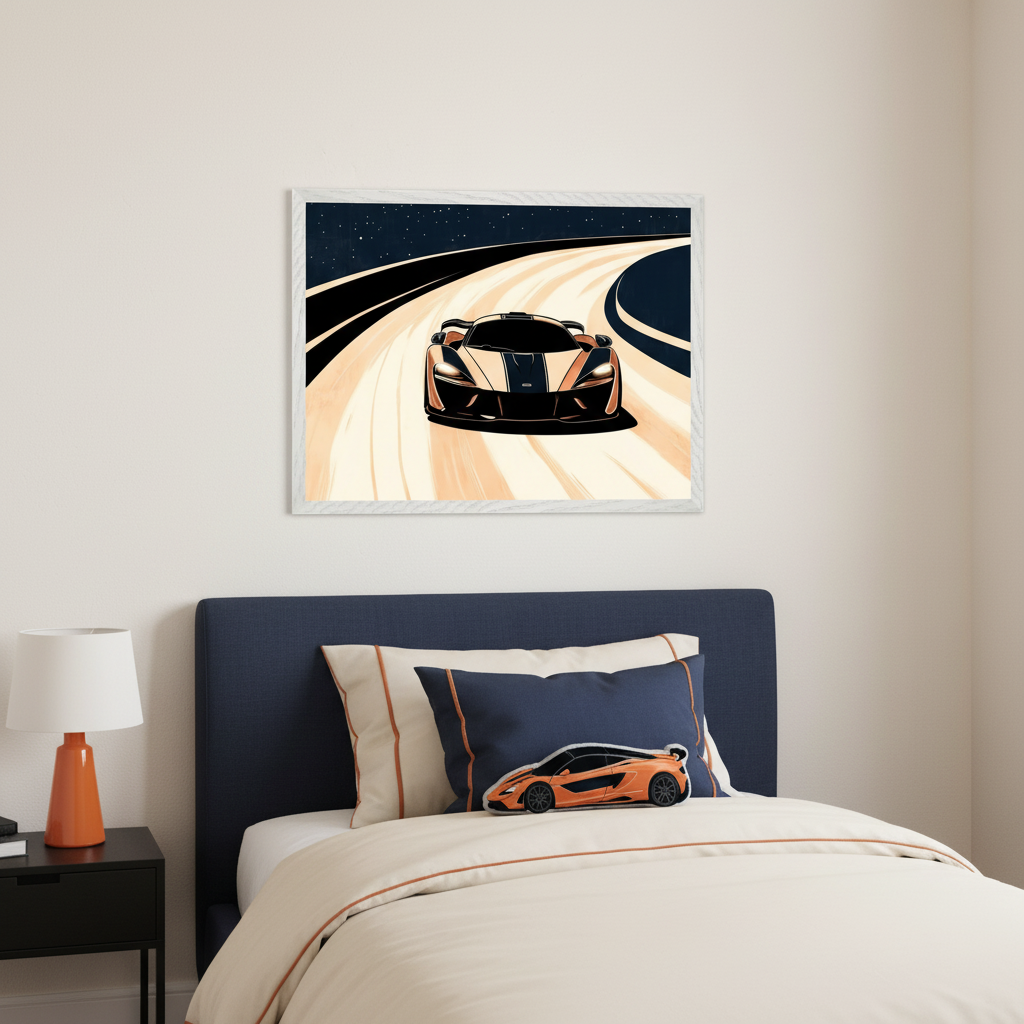 Modern kid's bedroom with a navy blue bed. A framed illustration of an orange and black sports car on a curved road under a starry night sky hangs above the bed. An orange sports car pillow rests on the bed.