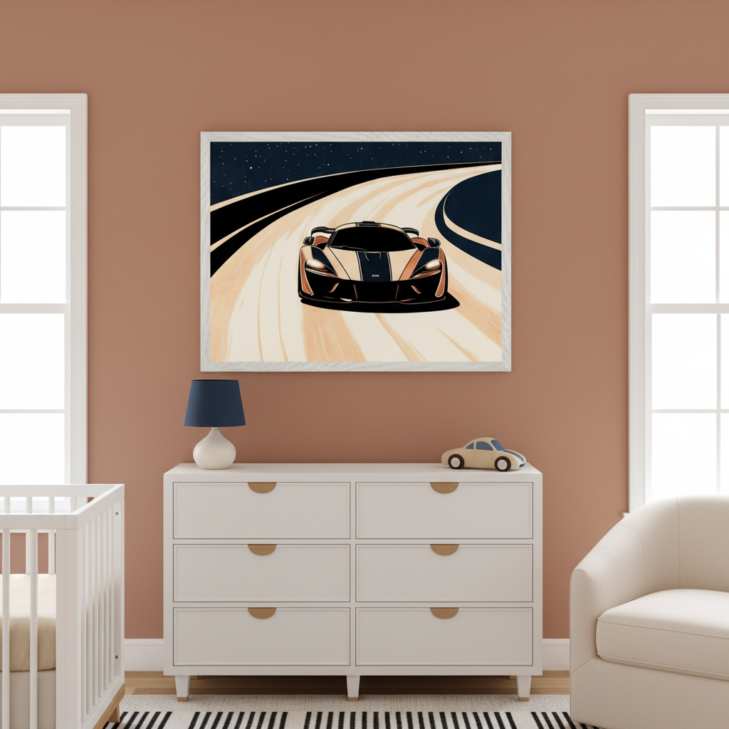 Modern nursery with terracotta walls. A white crib is on the left, a white dresser with a lamp and toy car in the center, and a cream armchair on the right. A framed graphic art print of a black and bronze sports car on a winding road at night hangs above the dresser.