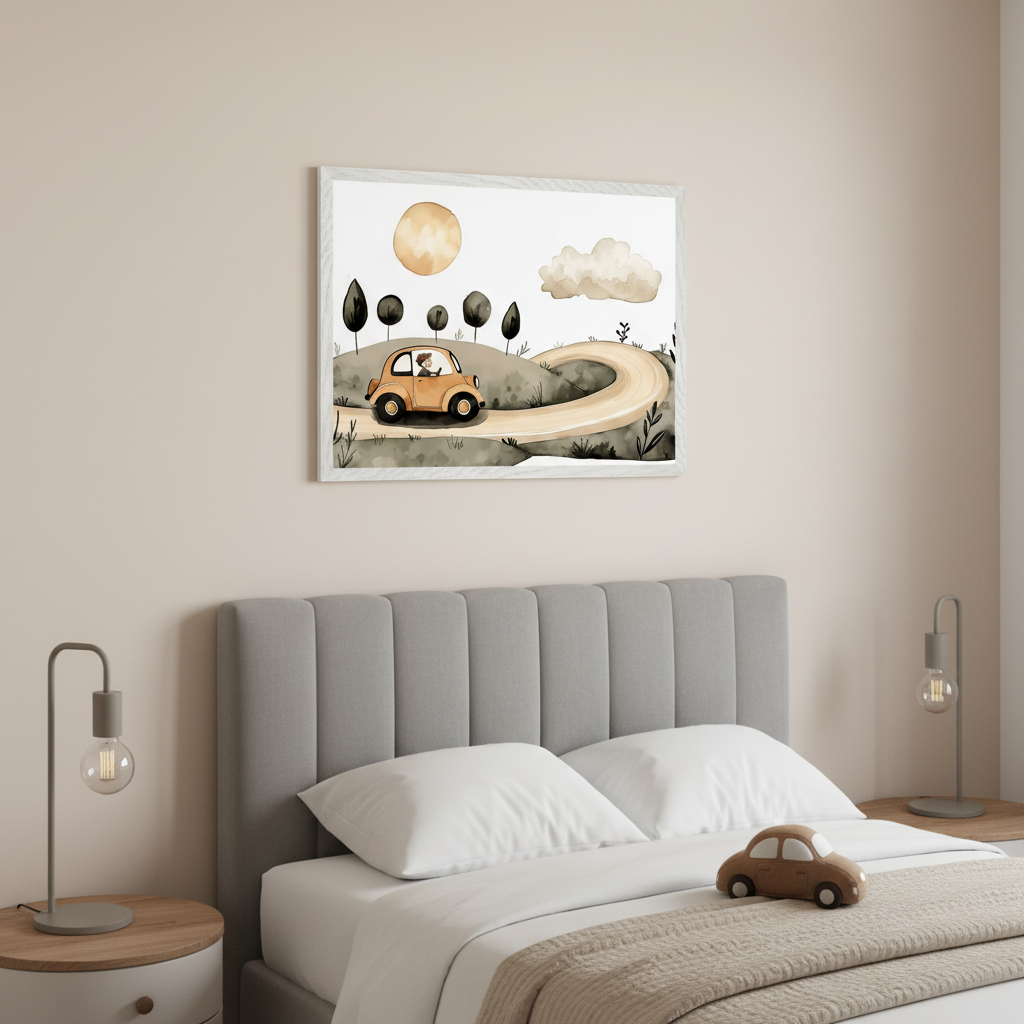 Kid's bedroom with a gray upholstered bed and two nightstands with lamps. A framed watercolor illustration hangs above the bed, depicting an orange car with a person and dog driving on a winding road through a hilly landscape with trees and a sun. A wooden toy car is on the bed.