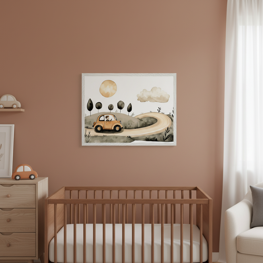 Modern nursery with a terracotta wall. A wooden crib sits in the foreground. Centered above the crib is a framed watercolor illustration of an orange car driving on a winding road through hills with trees, a sun, and a cloud. A wooden dresser is on the left, and a white armchair is on the right.
