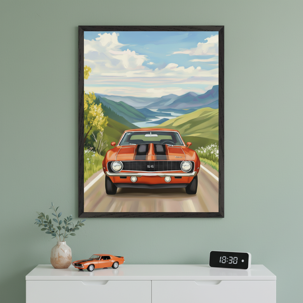 A framed and bright orange vintage muscle car with black racing stripes driving along a scenic mountain road under a blue sky, with a river winding through green valleys in the background. The artwork hangs above a white dresser decorated with a model car, digital clock, and small vase with greenery.