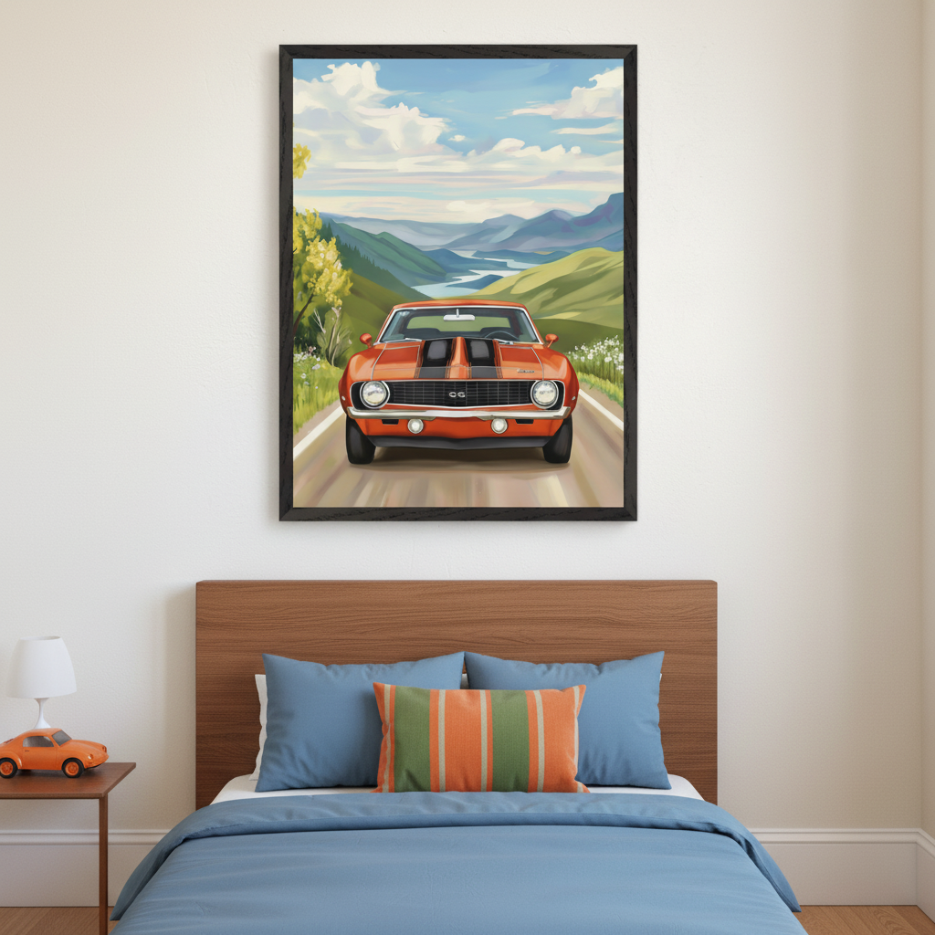 Bold illustration of a classic orange Camaro with black stripes cruising through a countryside landscape of rolling green hills and a winding river, displayed above a wooden bed. The bed features blue bedding and a pillow with matching orange and green stripes, next to a nightstand holding a toy car and lamp.