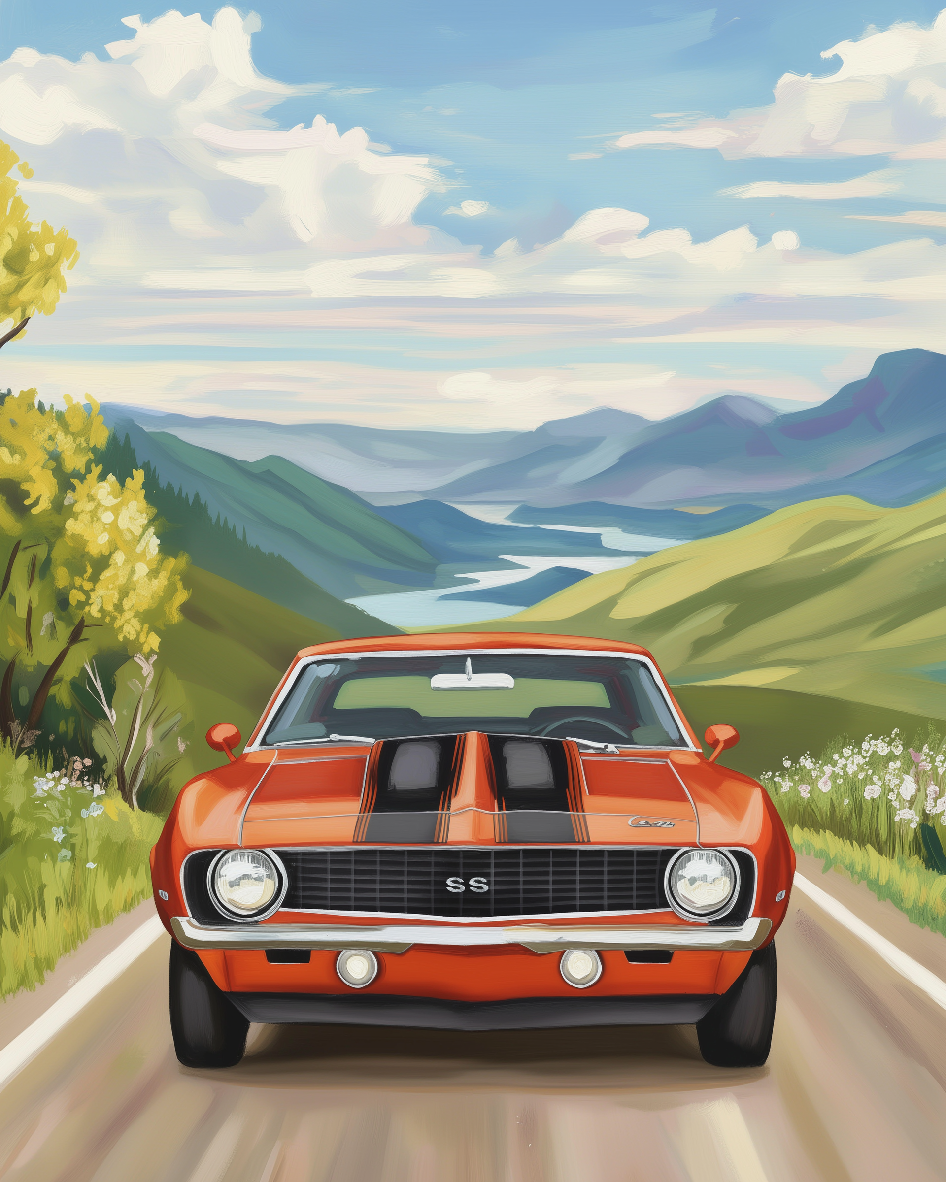 A vibrant orange classic car with black racing stripes is parked on a scenic country road. The background features rolling green hills, a winding river, and a bright blue sky with fluffy clouds.