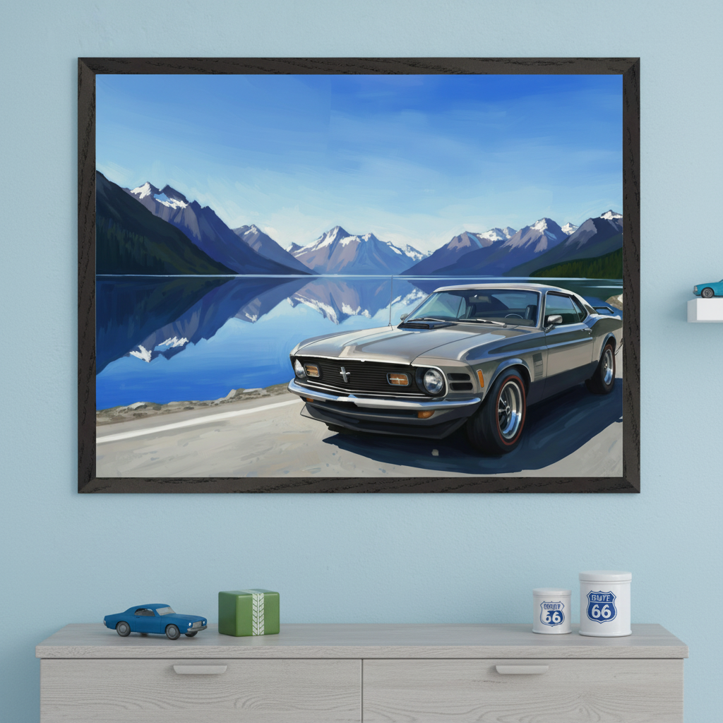 Framed artwork of a vintage silver Ford Mustang parked beside a crystal-clear mountain lake with snowy peaks reflected in the water, displayed above a dresser with toy cars and retro Route 66 decor.