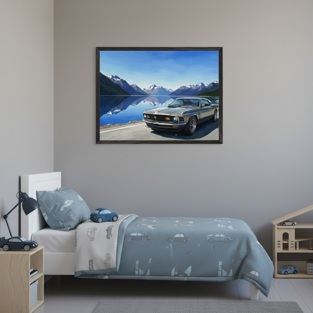 Children's bedroom with a painting of a classic muscle car beside a calm alpine lake surrounded by mountains, hanging above a bed with car-patterned bedding and toy vehicles.