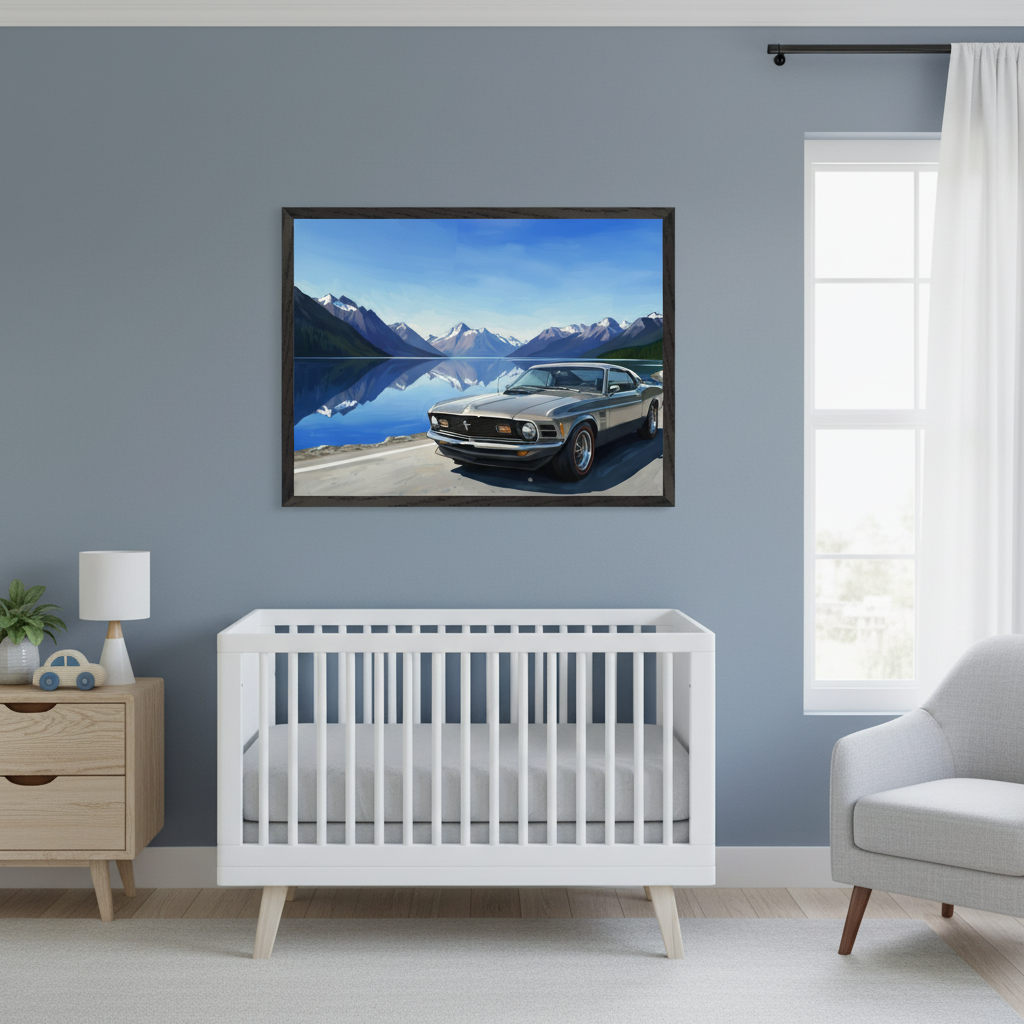 Modern nursery featuring a framed landscape of a vintage car near a glassy lake with snow-covered mountains, hung above a white crib with soft blue and wood-tone accents.