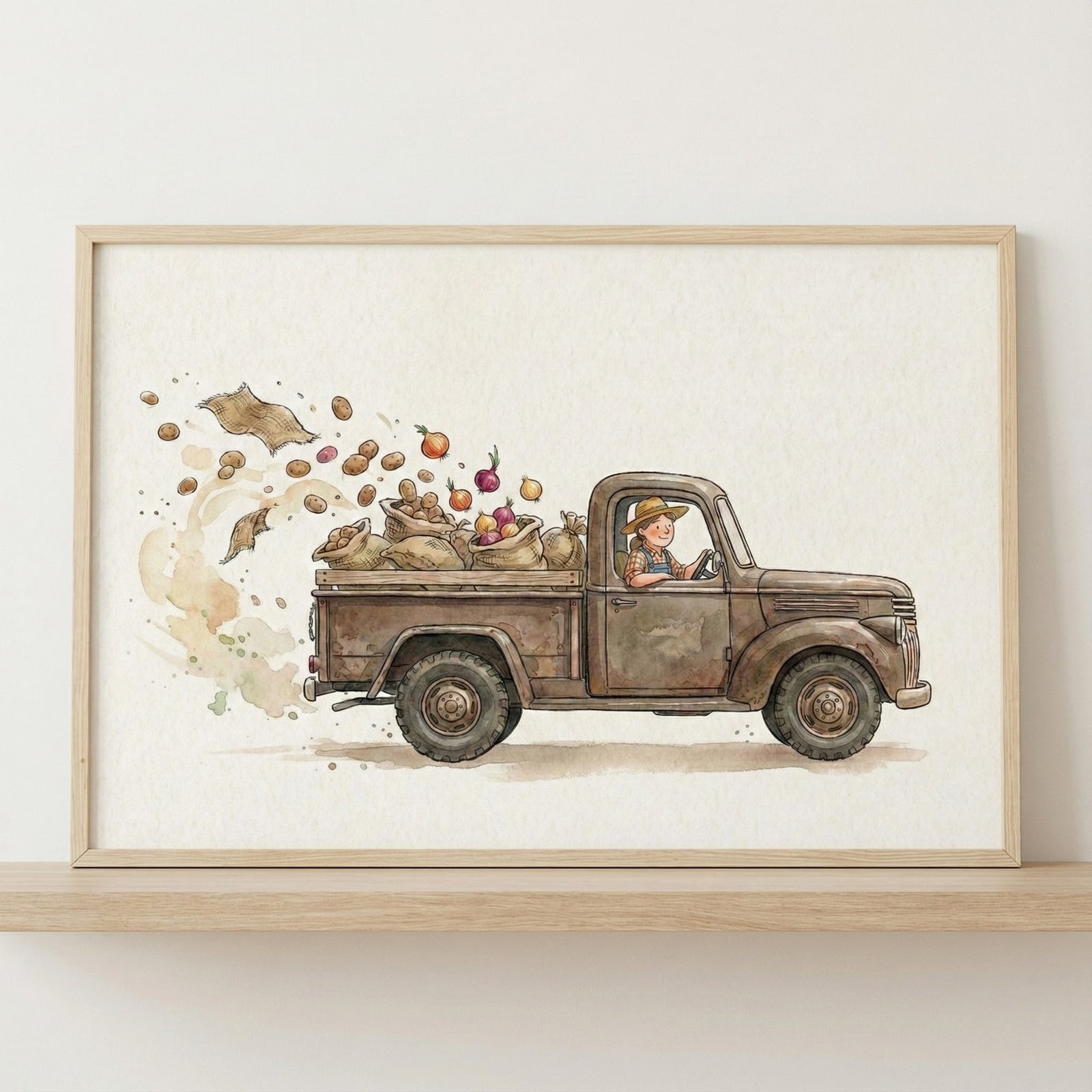 Framed watercolor painting of a happy farmer driving a weathered brown pickup truck overflowing with sacks of potatoes and scattered root vegetables like onions and turnips. Loose potatoes and burlap swirl into the air behind the truck.
