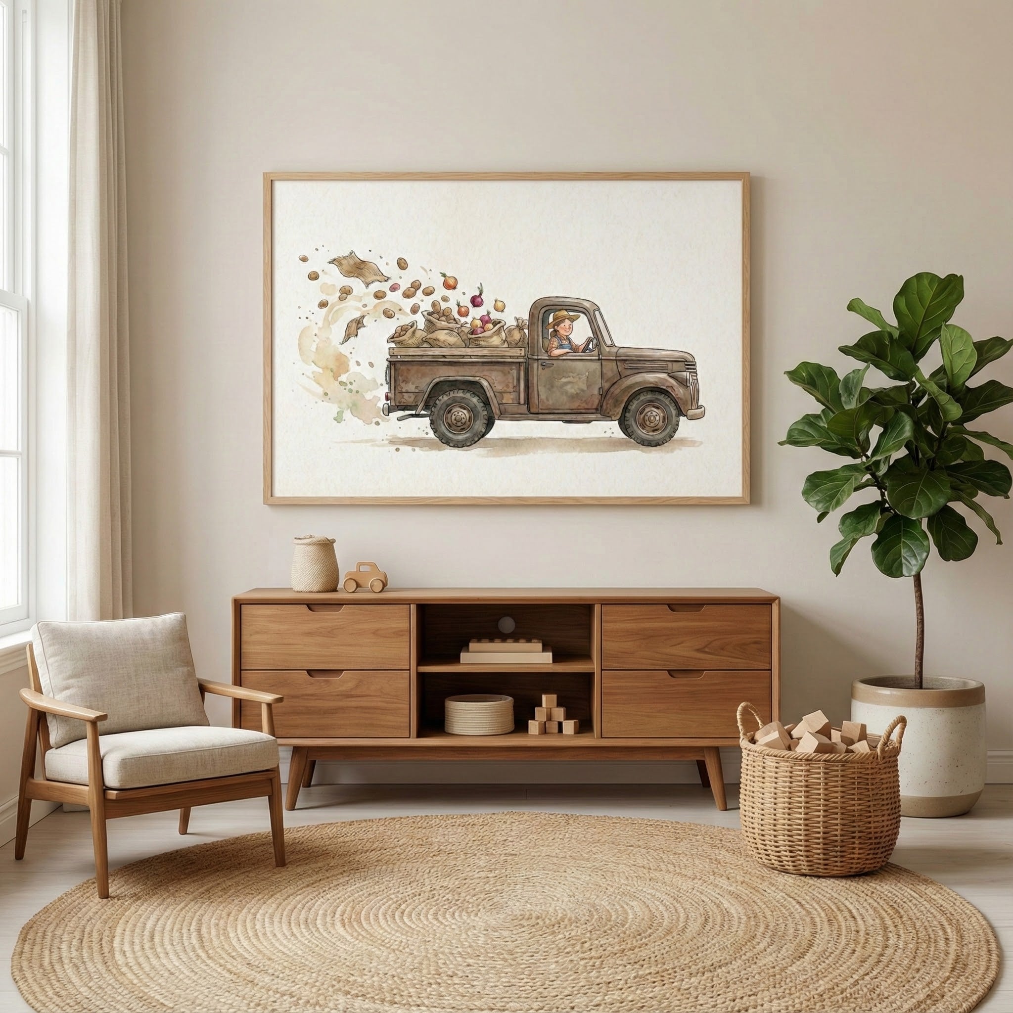 Rustic farm truck painting displayed in a cozy living space with wood tones and soft lighting. The scene shows a vintage brown pickup hauling earthy vegetables, creating a playful, motion-filled moment on a creamy backdrop.