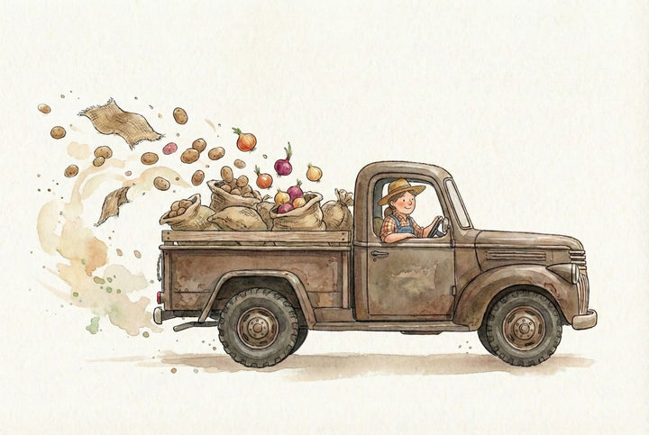 A smiling farmer drives a rustic brown pickup truck filled with sacks of vegetables, including potatoes, onions, and turnips, some of which are flying out the back as the truck moves. The illustration has a warm, whimsical feel, with soft watercolor textures and playful motion.