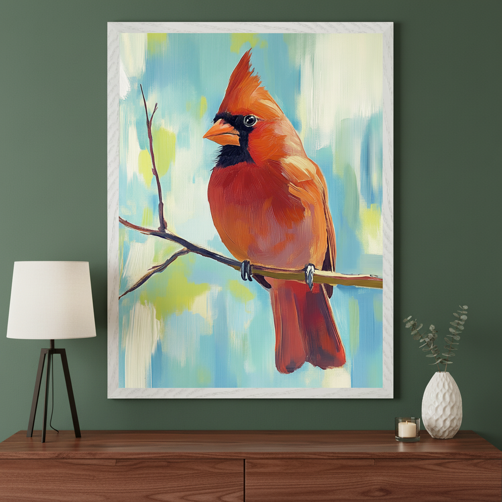 Modern living space with a large white-framed oil painting of a red cardinal on a branch, hanging above a wooden dresser. A white lamp is on the left; a white vase with eucalyptus and a candle are on the right.