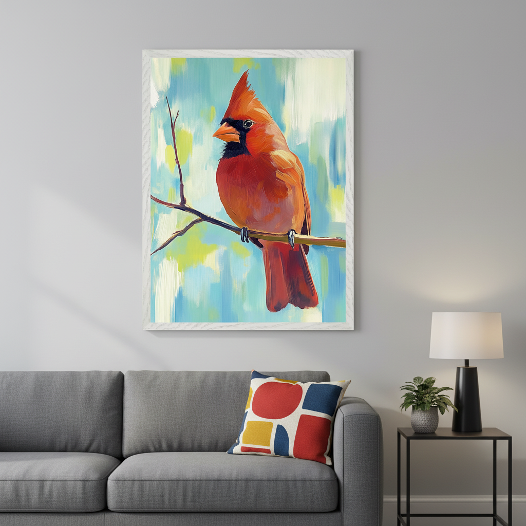Modern living room with a gray sofa. A large framed painting of a red cardinal on a branch, with an abstract blue and green background, hangs above the sofa. A colorful pillow is on the sofa, and a lamp and plant are on a side table.