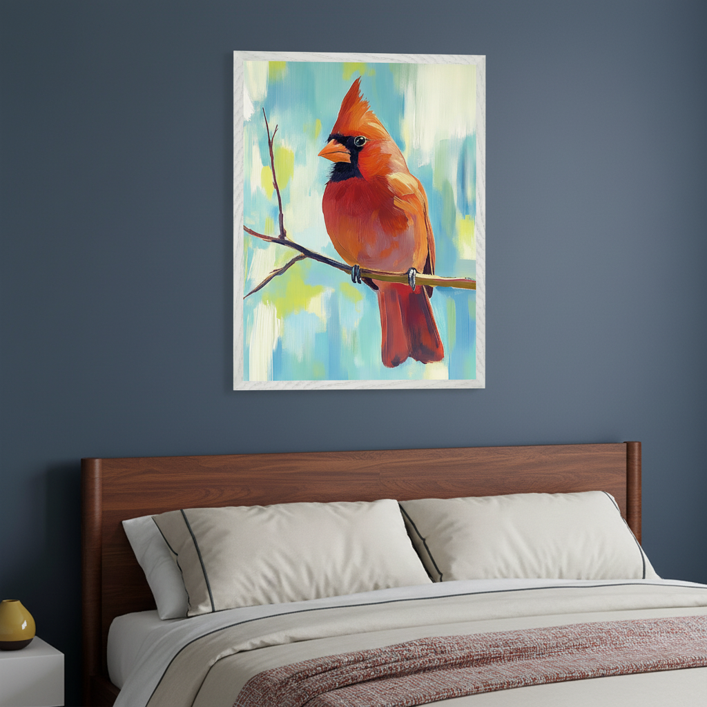 Modern bedroom with a bed with a brown wood headboard. A framed painting of a red cardinal on a branch with an abstract blue and green background hangs above the bed.