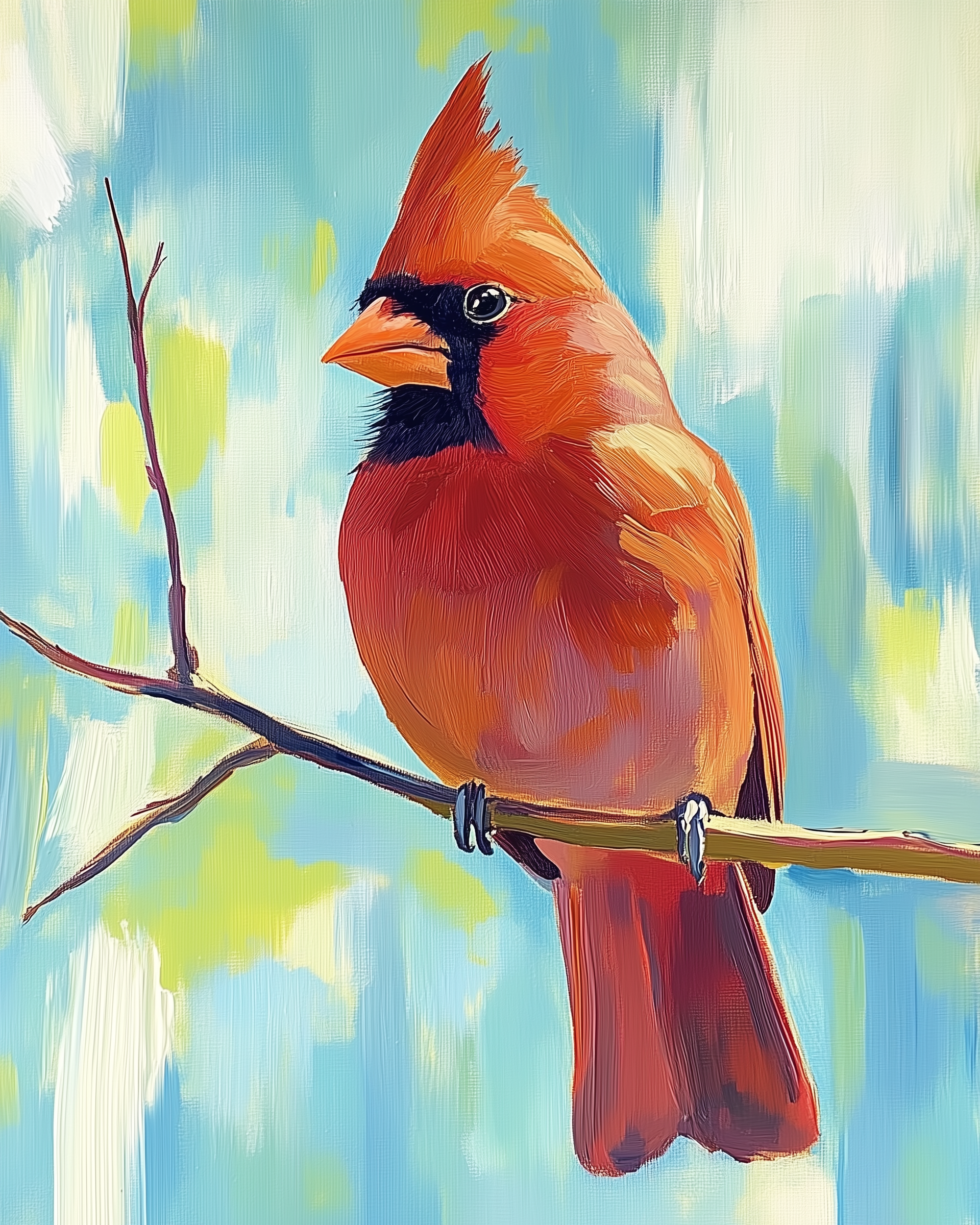 Bright painting of a red cardinal perched on a thin branch, set against a softly blurred background of blue, white, and green brushstrokes. The bird's vivid plumage and pointed crest create a striking focal point.