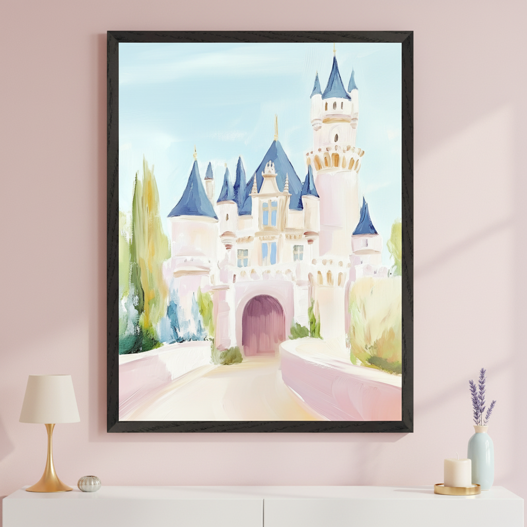 Modern room with a white console table. A large framed painting of a pastel pink and blue fairy tale castle, in a painterly style, hangs centered above the table. A gold lamp, lavender in a vase, and a candle are on the table.