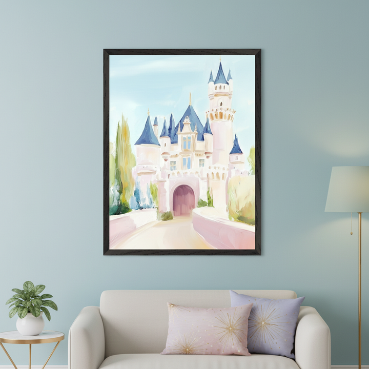 Living room with a white sofa, a round side table with a potted plant, and a gold floor lamp. A large framed painting of a pink and blue castle with blue roofs and green trees in a soft, pastel style hangs centered above the sofa.