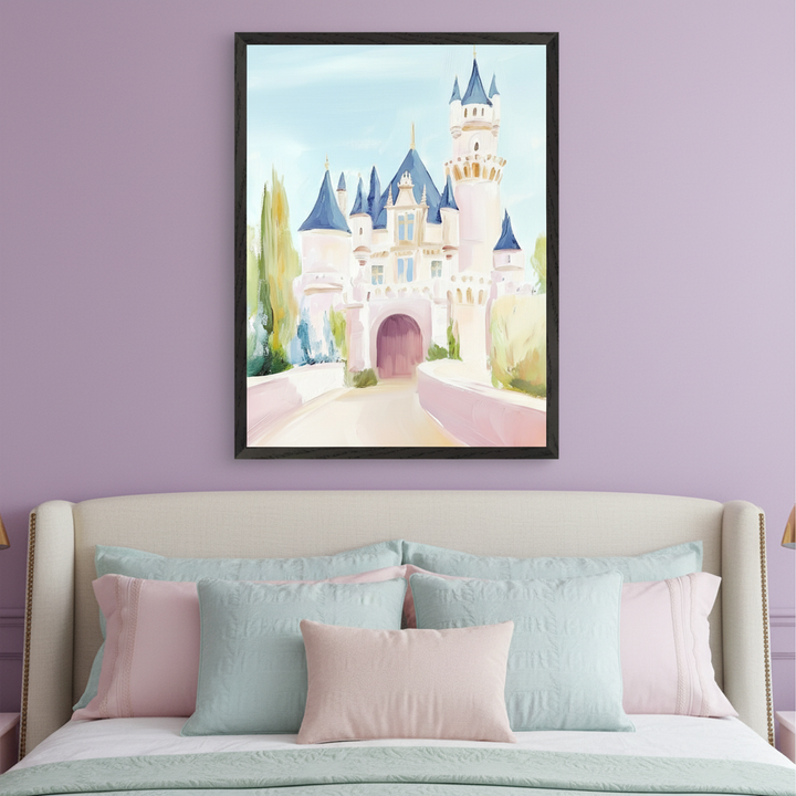 Kid's bedroom with a lavender wall and a beige upholstered bed. A framed watercolor painting of a whimsical castle with blue roofs and a path hangs centered above the bed, which is adorned with pink and mint pillows.