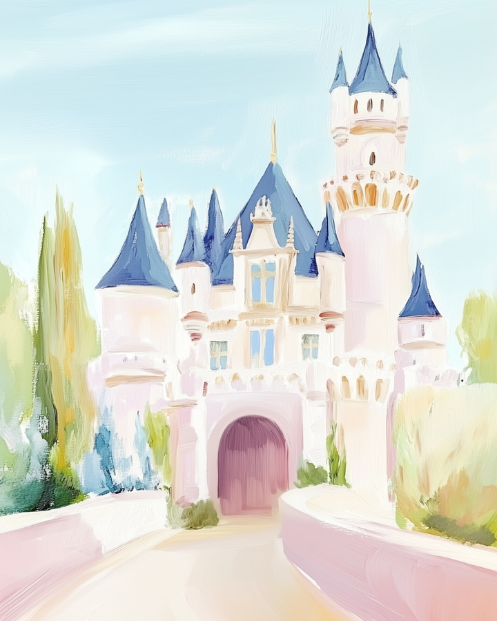 Soft, pastel-toned art of a whimsical castle with blue pointed rooftops and arched windows, surrounded by greenery under a clear sky.