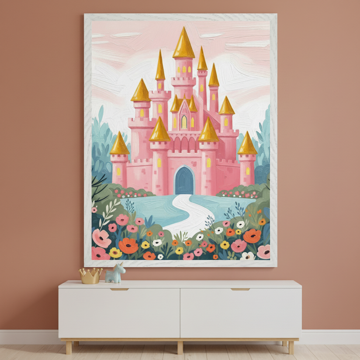 Modern kid's room with a white credenza. A large framed textured painting of a pink princess castle with gold spires, colorful flowers, and a winding path hangs centered above the credenza. A gold crown and unicorn figurine are on the credenza.