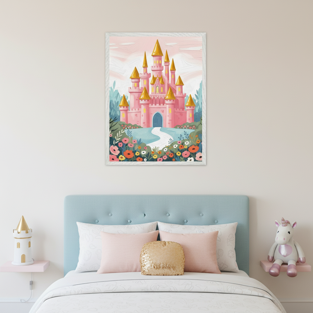 Kid's bedroom with a light blue bed. A framed, painted illustration of a pink castle with gold spires, colorful flowers, and a winding path under a pink sky is centered above the bed.