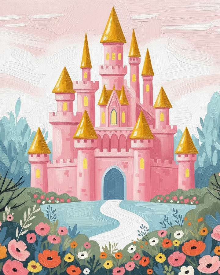 A whimsical pink castle with golden spires stands amidst lush gardens, surrounded by vibrant flowers and greenery, under a pastel sky.