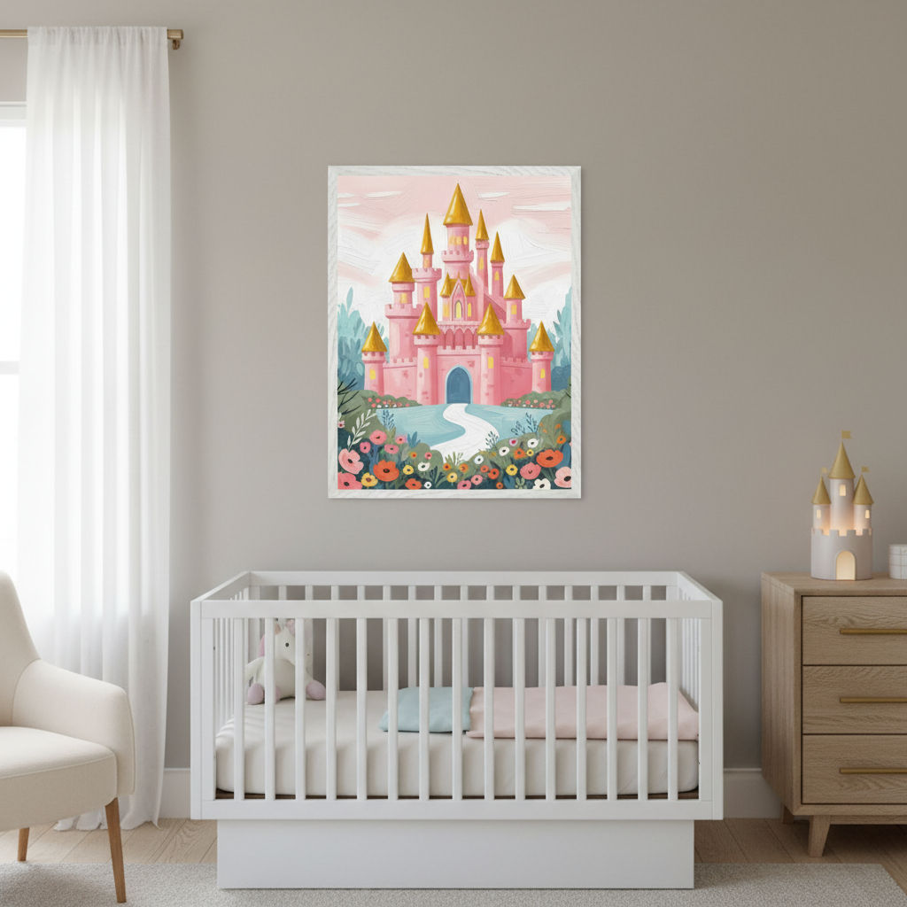 Modern nursery with a white crib, cream armchair, and light wood dresser. A whimsical framed print of a pink castle with gold spires and colorful flowers hangs centered above the crib. A small castle night light is on the dresser.