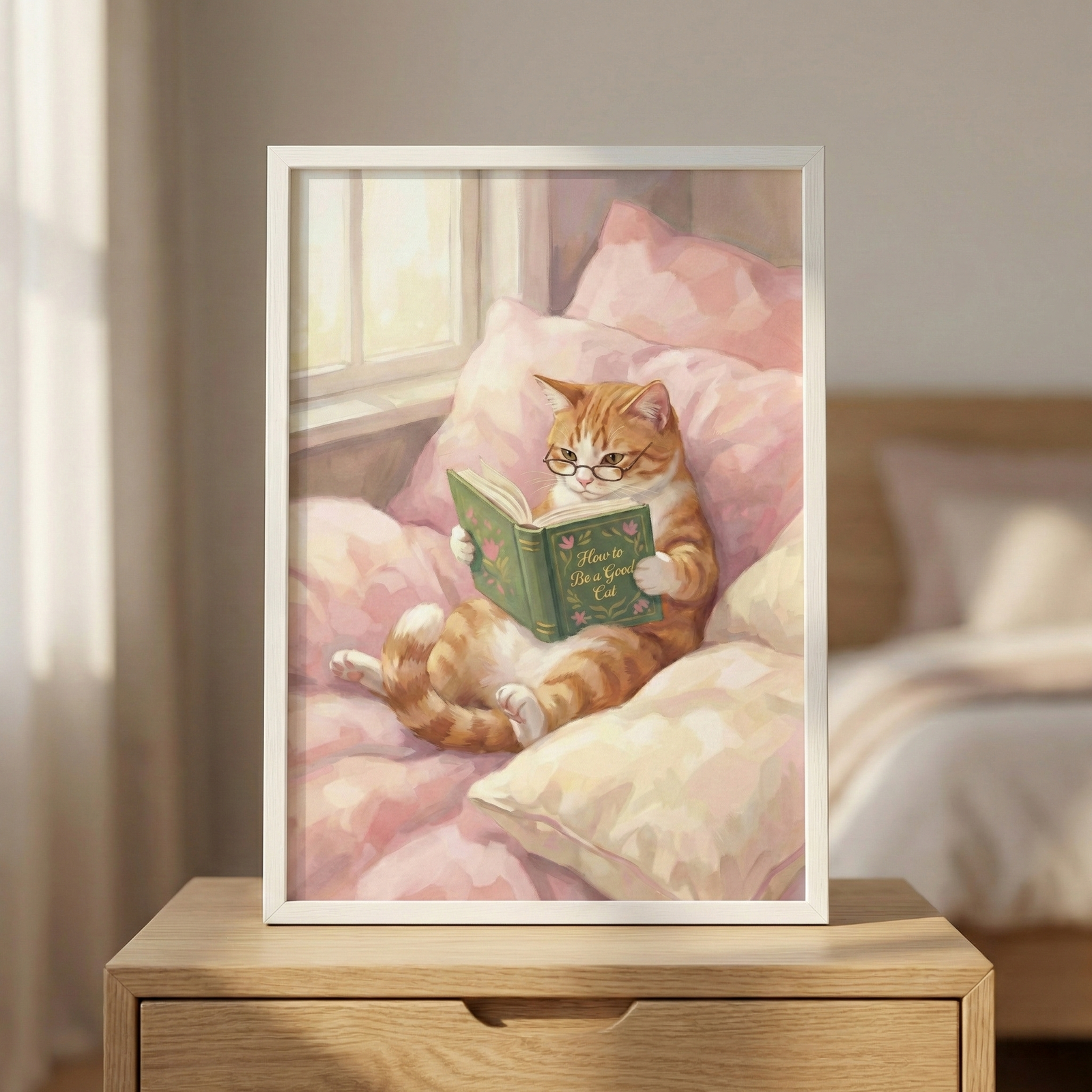 A whimsical illustration depicts an orange tabby cat sitting upright and cozy amidst plush pink and off-white pillows. The cat, wearing small round spectacles, is focused on reading a small green book titled "How to Be a Good Cat" in gold script. The scene is bathed in soft light from a nearby window. This charming piece of art is displayed in a white frame, resting on a light-wood nightstand in a serene bedroom setting.