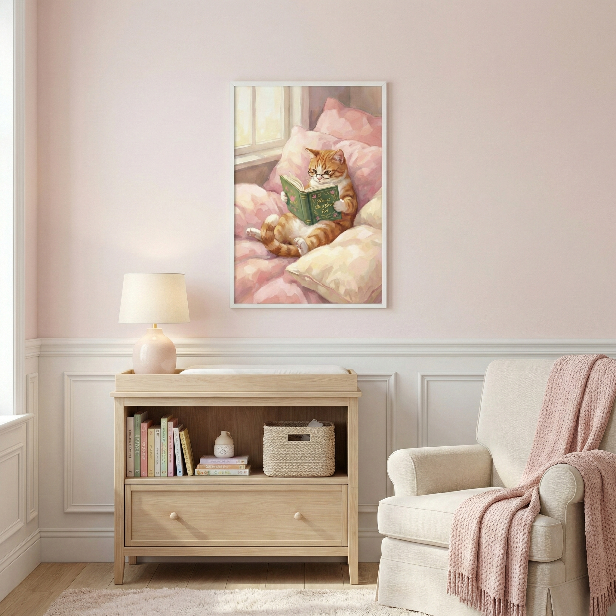 A cozy interior scene features a framed piece of artwork centered on a soft pink wall. The illustration within the frame depicts an orange-and-white striped cat wearing small spectacles, reclining comfortably against a pile of plush pink and cream pillows while reading a green book.

