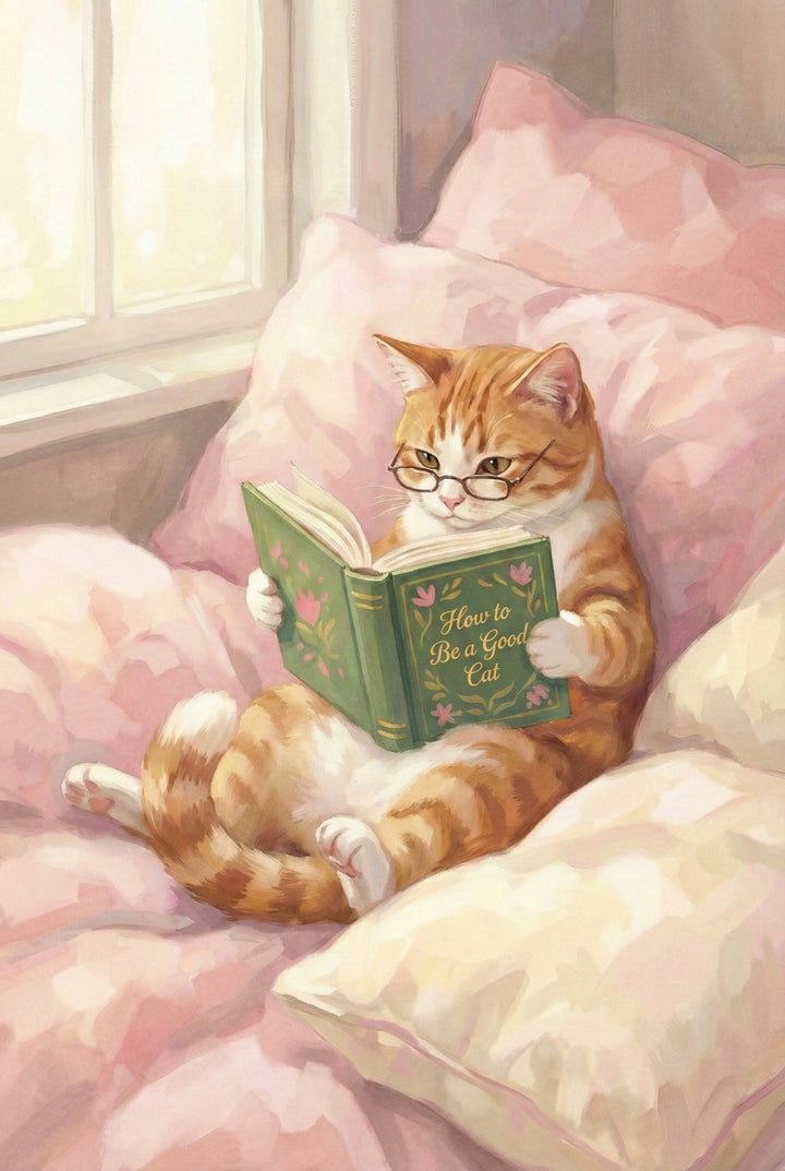  An orange tabby cat wearing small glasses sits propped against pink pillows by a sunlit window reading a green book titled How to Be a Good Cat. The cozy bedroom setting and soft pastel tones create a warm and playful storybook feel.
