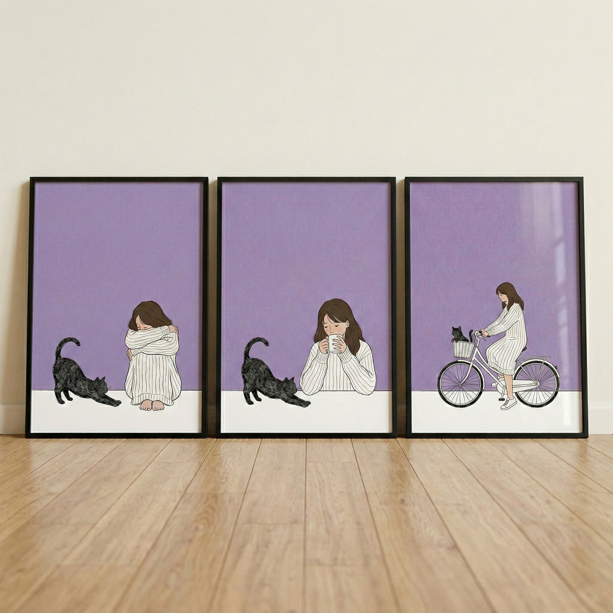 Lavender Aesthetic Girl Cat Wall Art Set of 3 - Quiet Purple Days